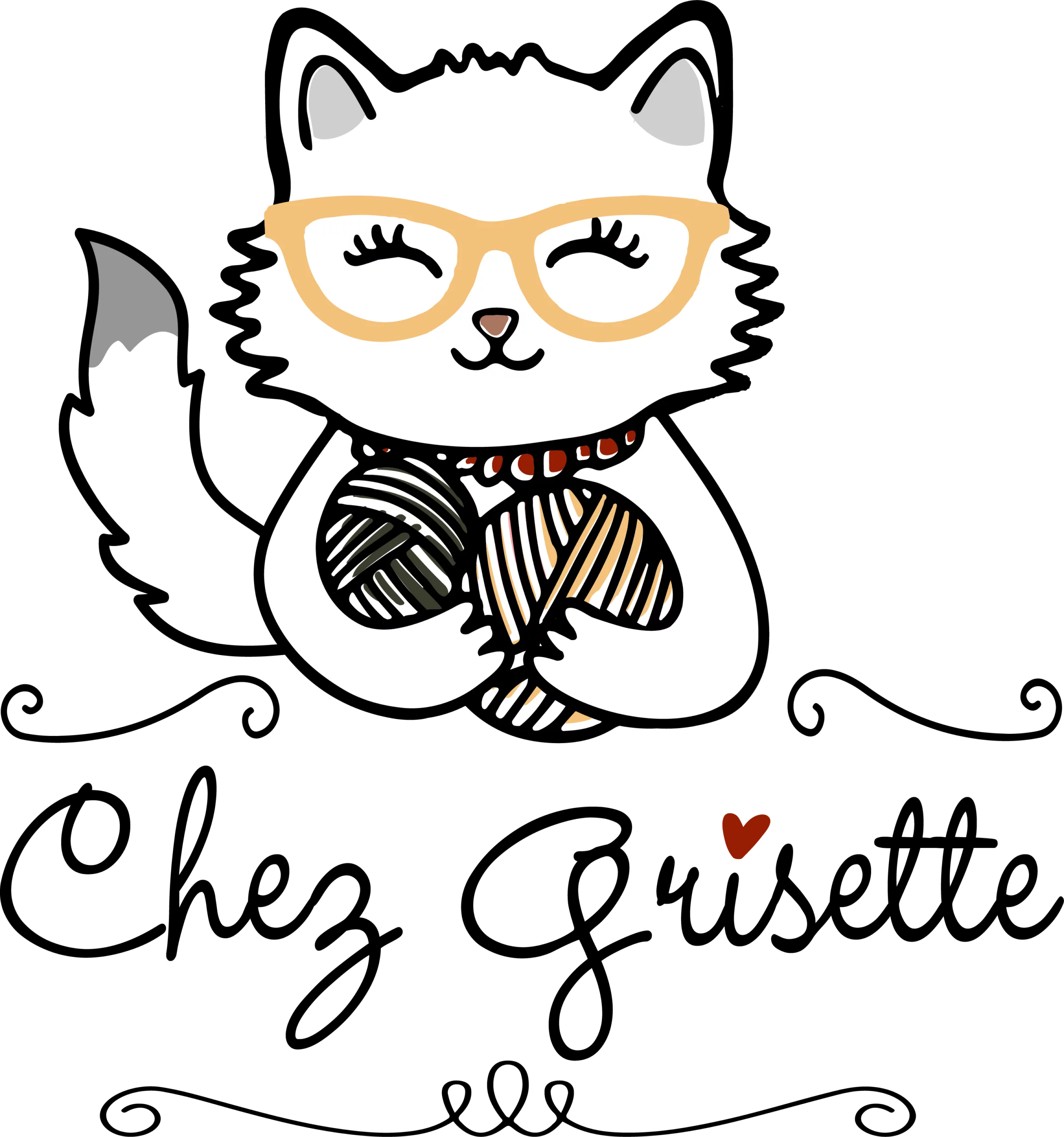 Logo Chez Grisette représentant un chat illustré avec des lunettes tenant une pelote de laine
